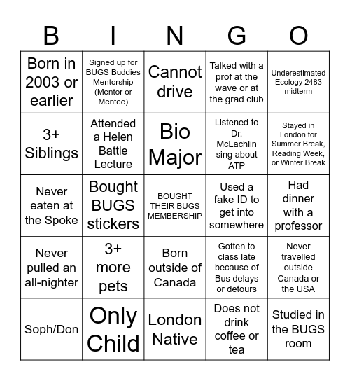 BUGS BINGO Card