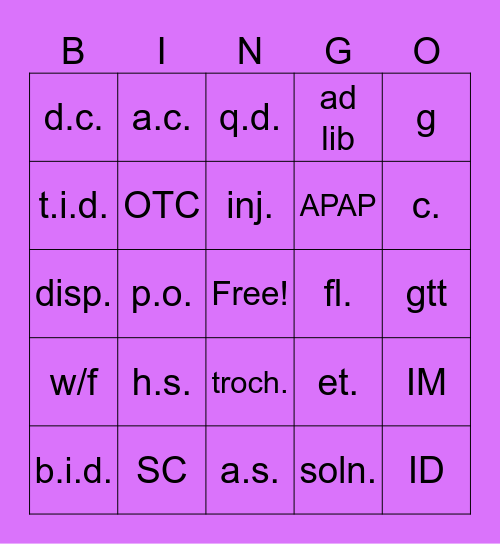Pharmacy Abbreviations Bingo Card