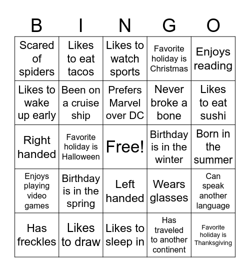 Get to Know You Bingo Card