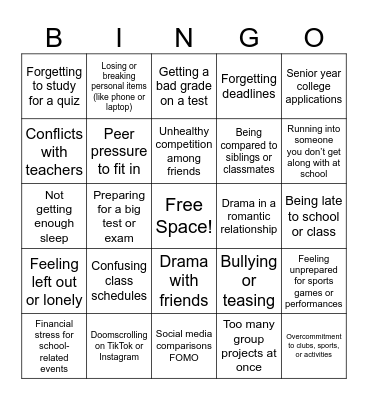 Stress Management Bingo Card