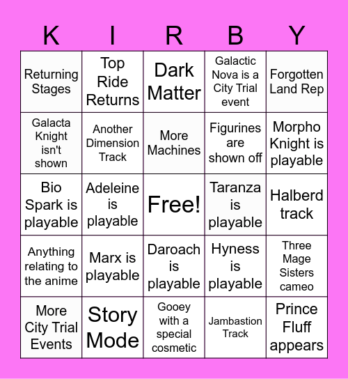 Kirby Air Riders Direct 2 Bingo Card