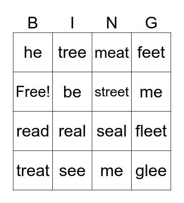 Long e Bingo Card