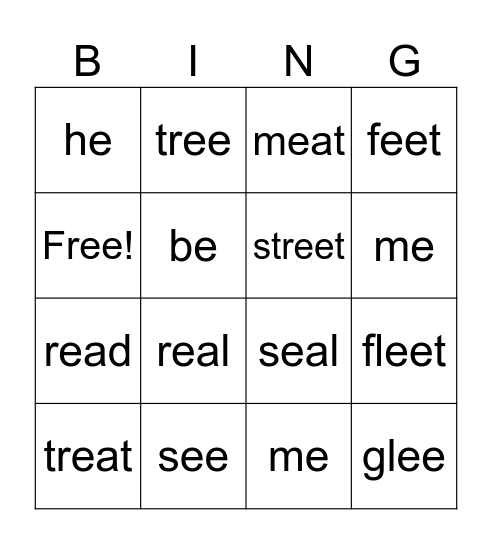 Long e Bingo Card
