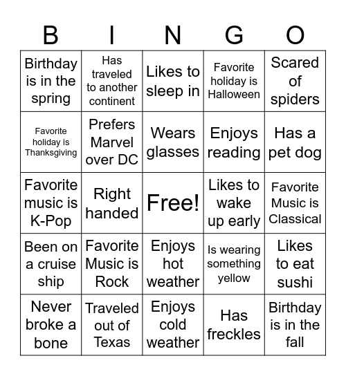 Get to Know You Bingo Card