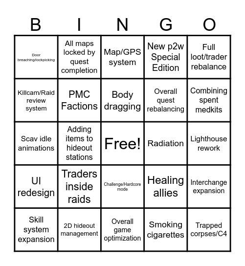 Tarkov 1.0 Bingo Card