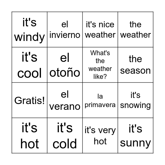 Seasons and Weather Bingo Card