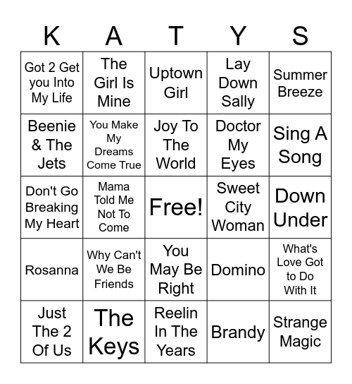 Yacht Rock Bingo Card