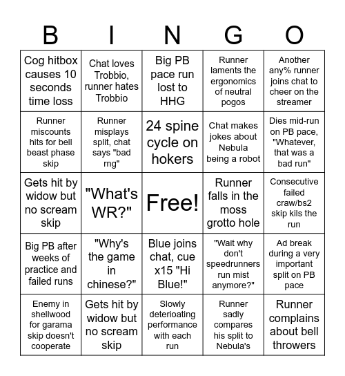 any% twitch streams Bingo Card