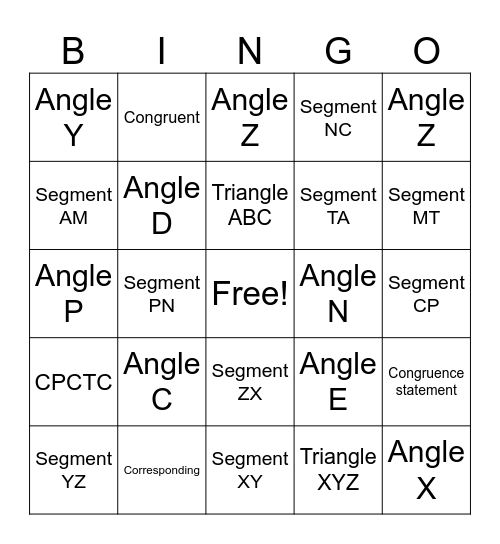 CPCTC Congruent Triangles Bingo Card