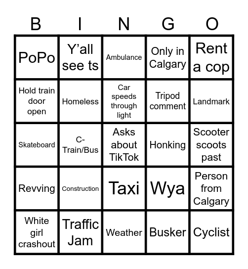 YYC Stream Bingo Card