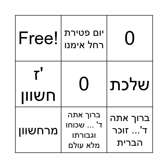ראש חודש חשוון Bingo Card