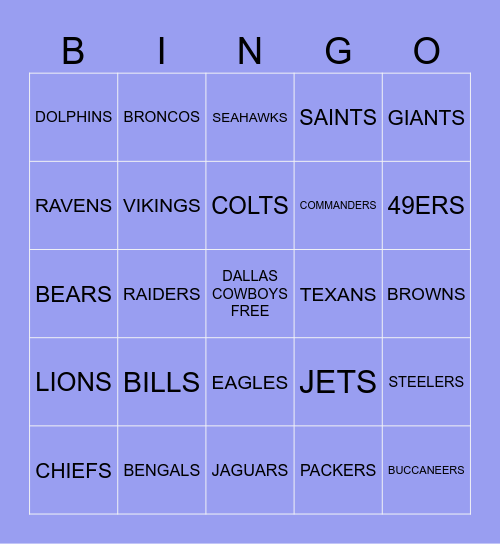 NFL BINGO Card