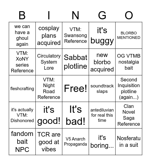 VTMB2 TIME Bingo Card