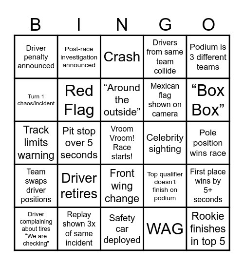 Mexico City Grand Prix Bingo Card