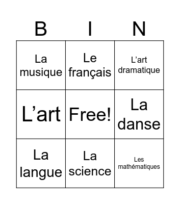 Les matières scolaires Bingo Card