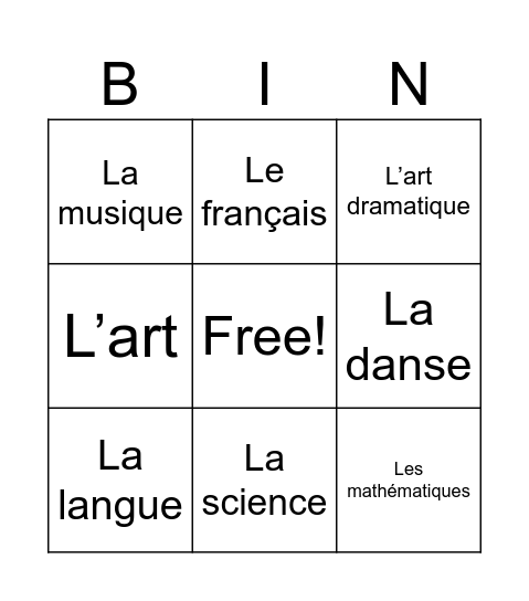 Les matières scolaires Bingo Card