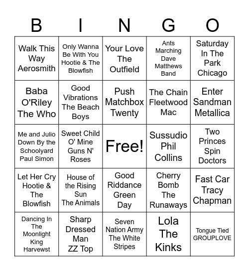 Dive Bar Anthems Bingo Card