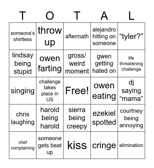 Total Drama World Tour Bingo Card