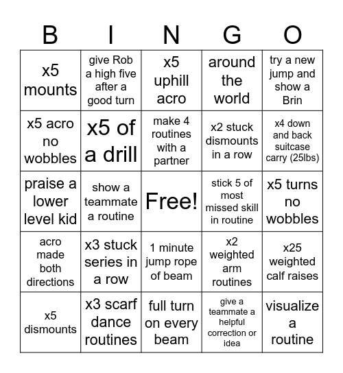Gymnastics Bingo Card
