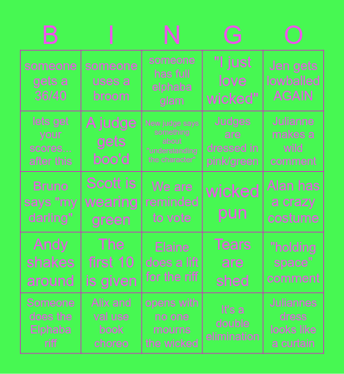 DWTS Wicked Night Bingo Card