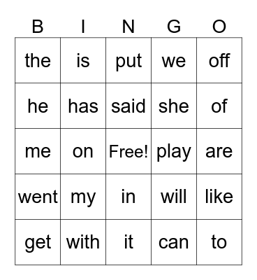 Sight Words Bingo Card