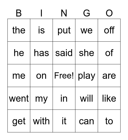 Sight Words Bingo Card