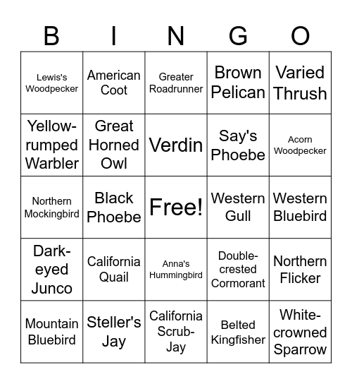 Wild West Bird Bingo Card