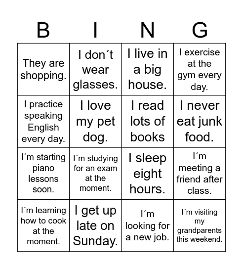 Present Simple vs Present Continuous Bingo Card