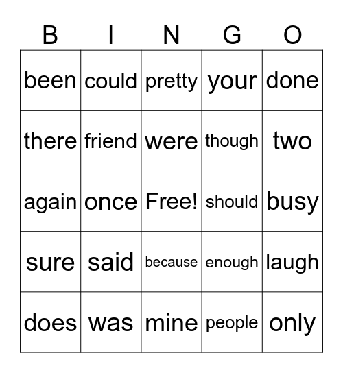 Heart Word Bingo Card