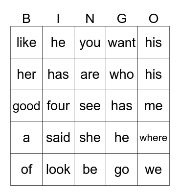 Heart Word Bingo Card