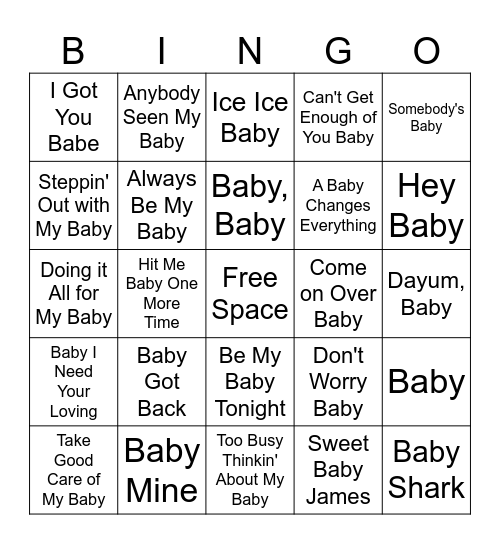 Music Bingo: The Baby Version Bingo Card
