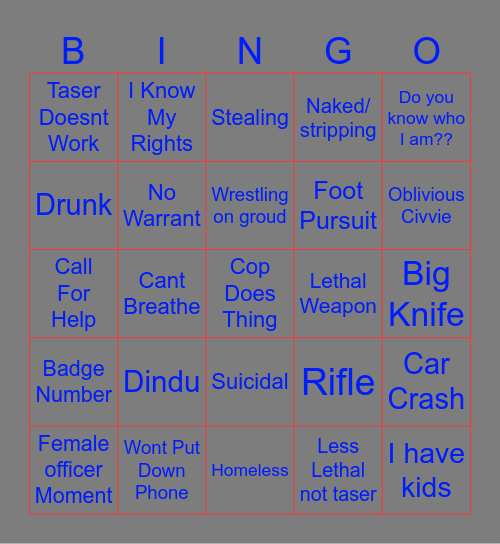 Bodycam Bingo Card