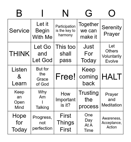 Al-Anon Slogans & Sayings Bingo Card