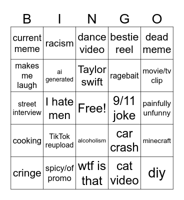 Instagram reel bingo Card