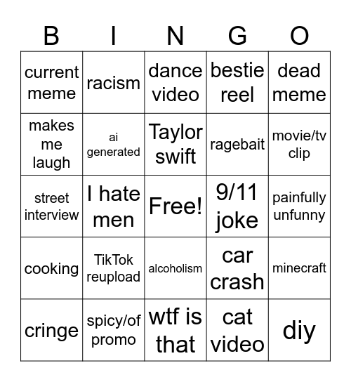 Instagram reel bingo Card