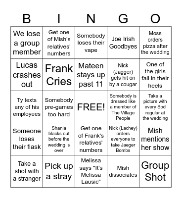 Mish's Wedding Bingo Card