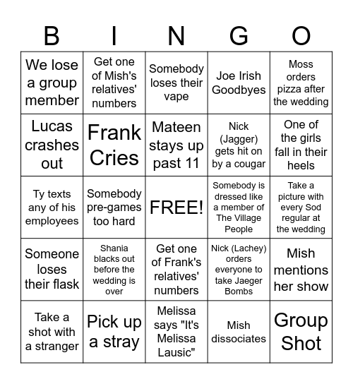 Mish's Wedding Bingo Card