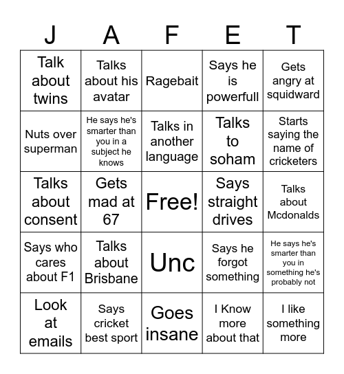Jafet Bingo Card
