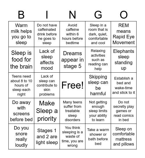 SLEEP HYGIENE FOR TEENAGERS Bingo Card