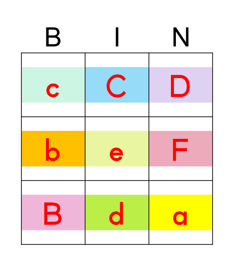 Letters Aa~Ff Bingo Card