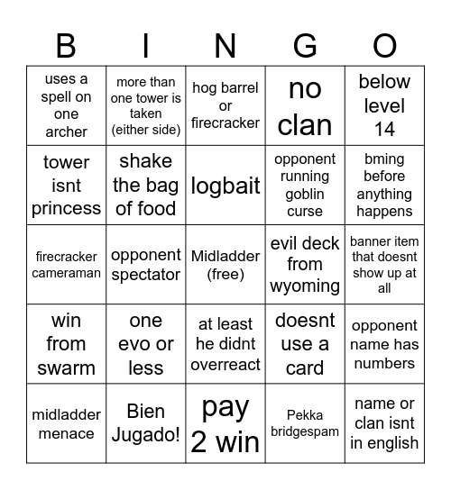 Clash Royale Midladder Bingo Card