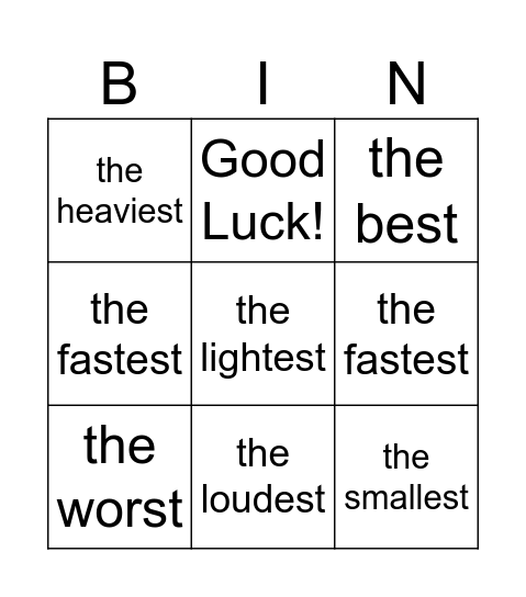 Superlative form: Short adjectives Bingo Card