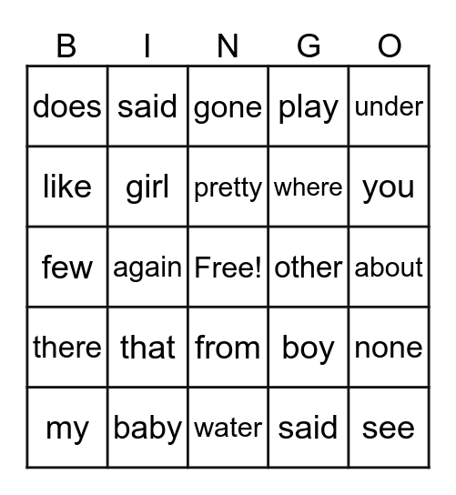 2nd grade Sight word Bingo Card
