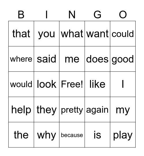 Sight word Bingo Card