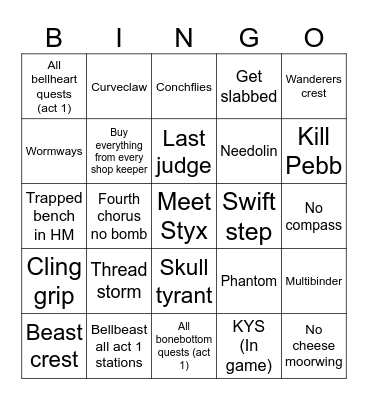Silksong bingo Card