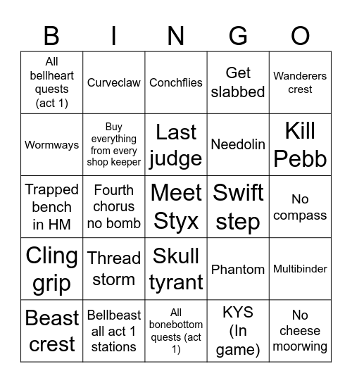 Silksong bingo Card