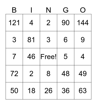 Multiplication and Division Bingo Card