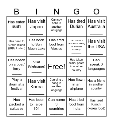 Aroung the world in 3 days Bingo Card