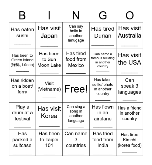 Aroung the world in 3 days Bingo Card