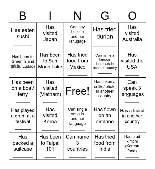 Around the World in 3 Days Bingo Card